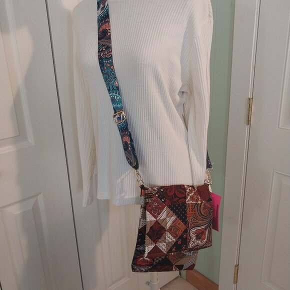 Handmade Handbags - 3182 Handmade Quilted Crossbody Bag with Guitar Strap. In Brown, Orange, Teal.